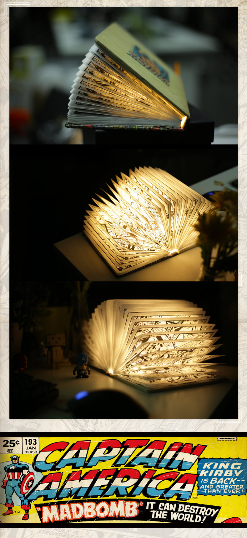 漫威正版復(fù)古漫畫書燈折疊翻頁無線書燈LED創(chuàng)意充電式書本燈禮物 上海禮物