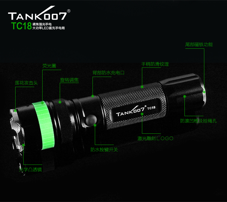 Tank007騎行強光手電筒TC18遠射五檔調(diào)焦充電迷你防身自行車探照燈戶外家用手電
