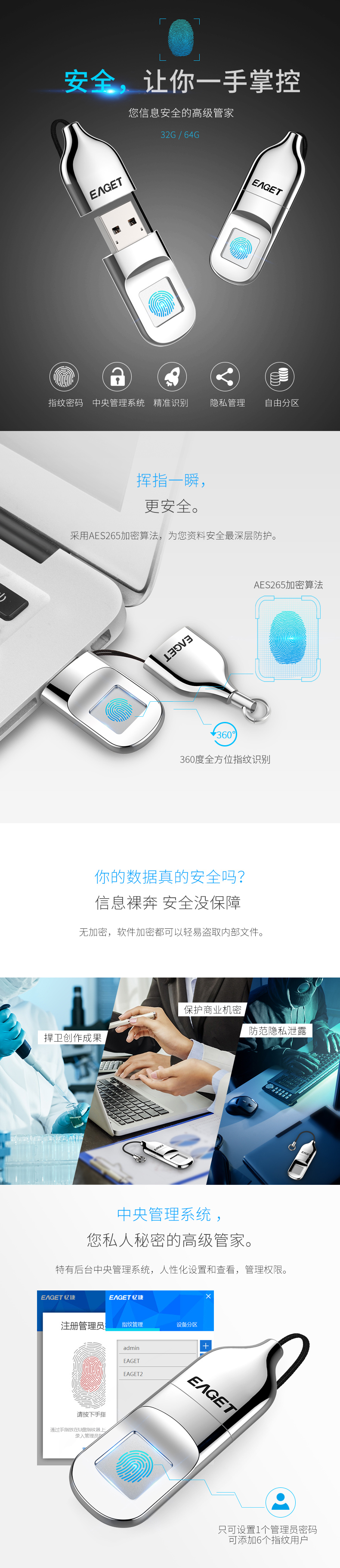 憶捷（EAGET）FU5指紋加密U盤64G數(shù)據(jù)安全保護(hù)